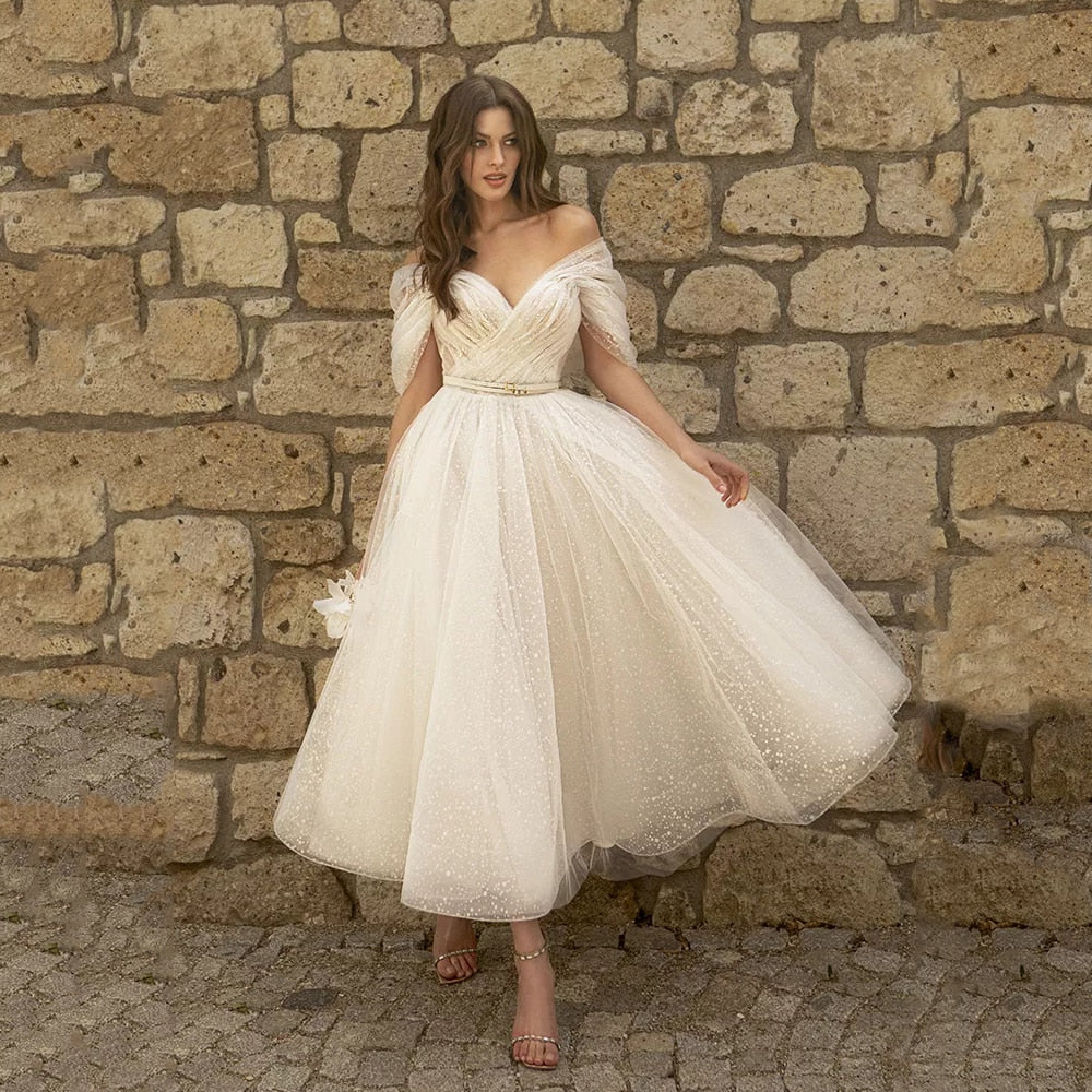Bling Glitter Tulle Boho Wedding Dress Sweetheart Tea Length Dress Ivory / 16W