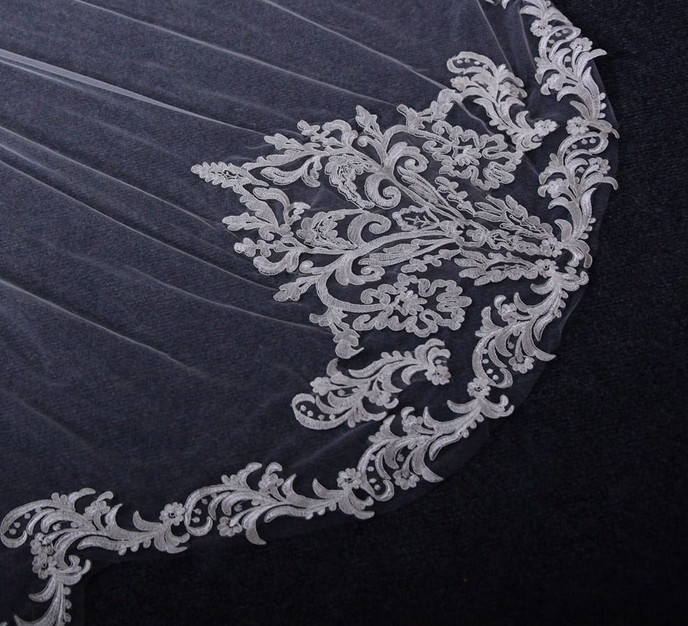 Cathedral Length Thin Scallop Lace Trim Single Tier Edge Wedding