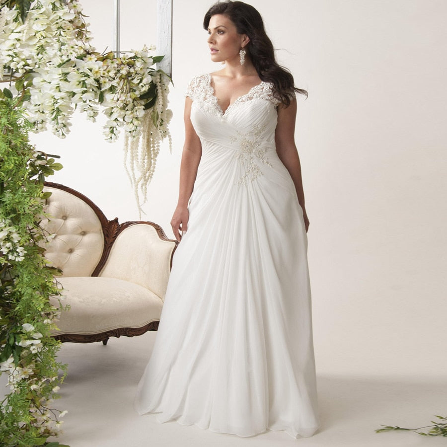 Plus Size Wedding Dress Chiffon Vintage V-Neck Bridal Gowns Vestido de Noiva