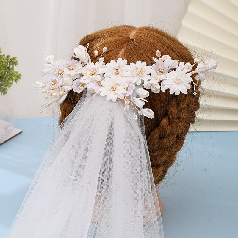 White Handmade Cut Edge Tulle Wedding Bridal Veil Flower Headdress