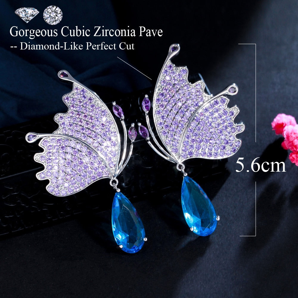 Micro Pave Purple Cubic Zirconia Stone Dangle Drop  Butterfly Wing Earrings