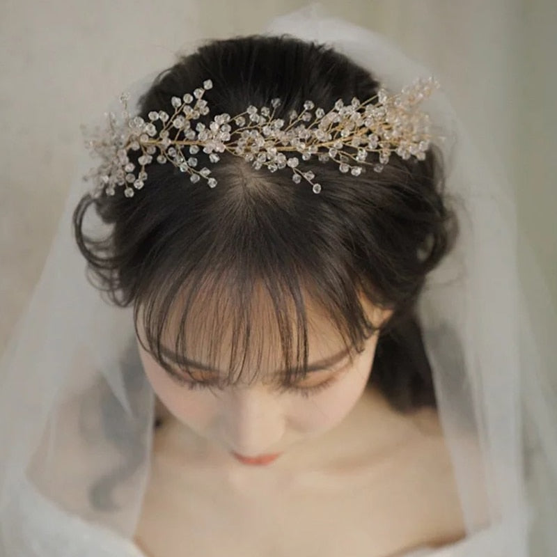 Load image into Gallery viewer, Crystal Pearl Bead Bridal Headpiece Satin Ribbon Tiaras Crown
