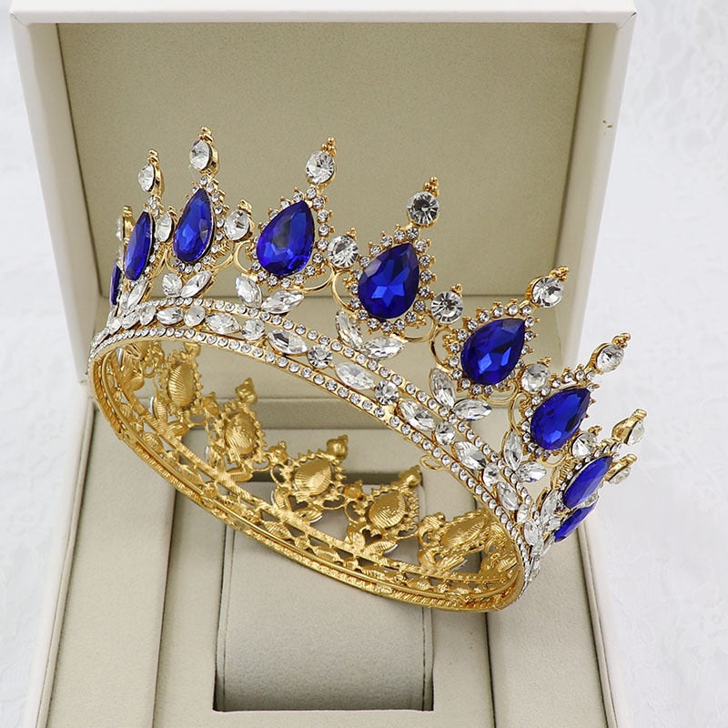 Vintage Crystal Royal Queen King Full Round Tiara Crown Hair Accessories H048 Gold Blue