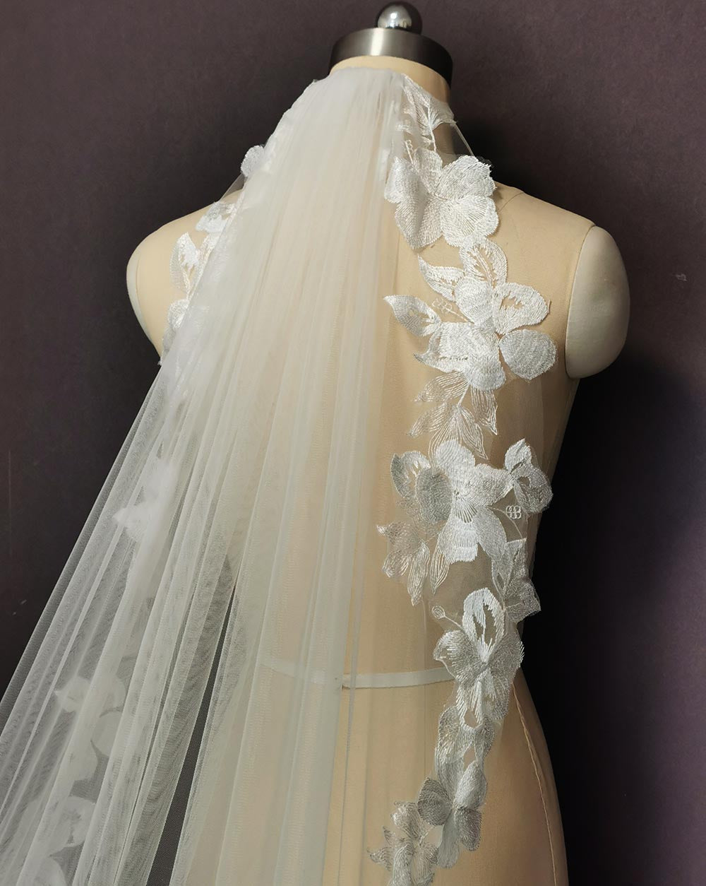 Tulle Flower Lace Cathedral Wedding Veil 3 Meters 1 Layer Bridal Veil