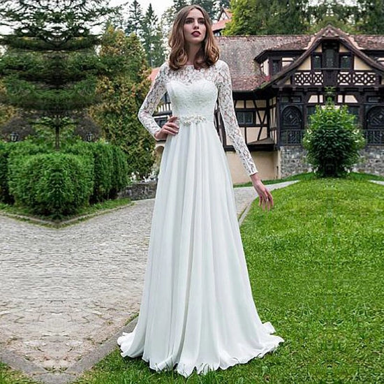 Simple Long Sleeve Lace Chiffon A Line Bridal Wedding Dresses