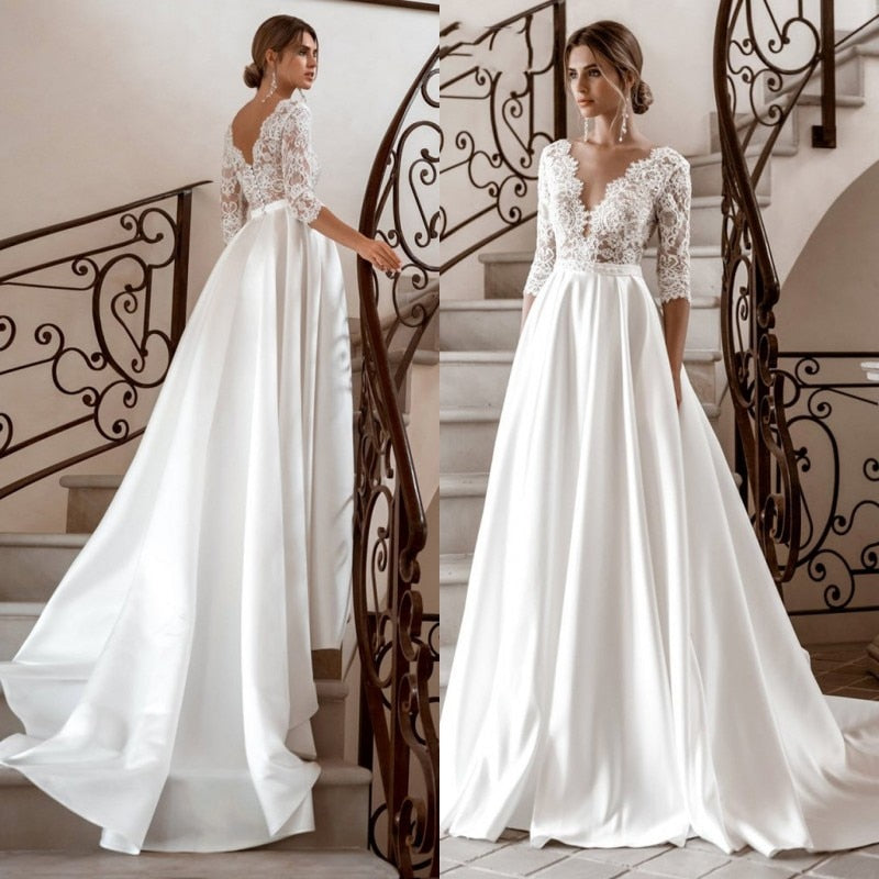 Vintage Satin Lace Wedding Dress A-Line Bridal Gown