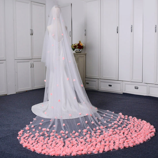 V208 Long Bridal Veils 2 Tier Wedding Veil Drop Style 3D Flower Trimmed  Blusher Veil Cathedral Length Soft Tulle Bride Accessory - AliExpress