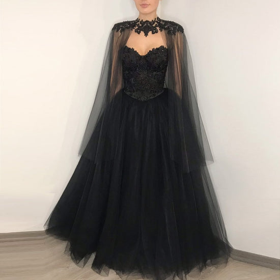 Load image into Gallery viewer, Black Wedding Dress with Beaded CapeSweetheart Princess Bridal Ball Gown
