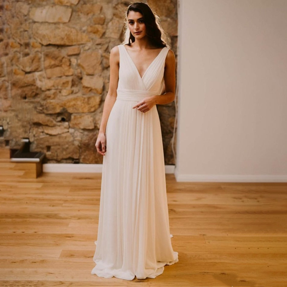 Vintage Backless V Neck Sleeveless Greek Chiffon Ruched Sweep Train Wedding Dress