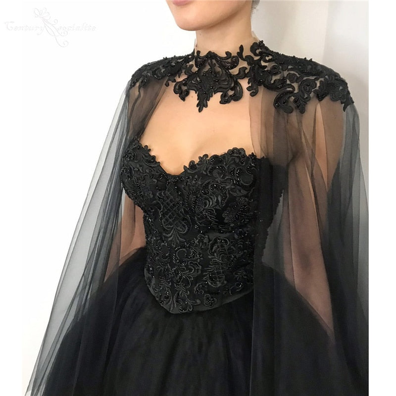 Load image into Gallery viewer, Black Wedding Dress with Beaded CapeSweetheart Princess Bridal Ball Gown
