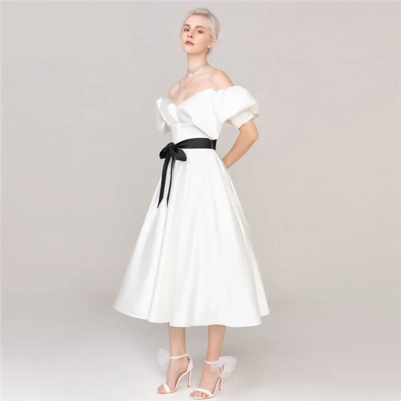 Simple Short Black Belt Tea-Length Off the Shoulder A-Line Beach Bridal Dress