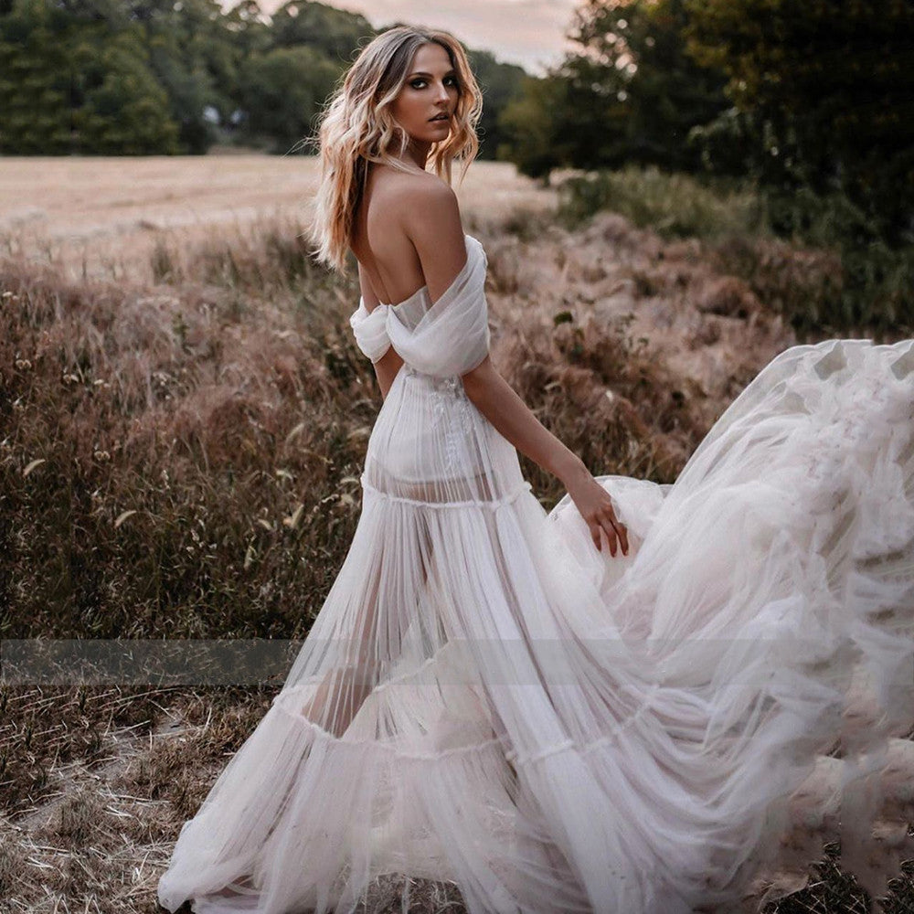 Sheer Illusion Bohemian Beach Wedding Dress Off The Shoulder Lace – TulleLux Bridal Crowns & Accessories