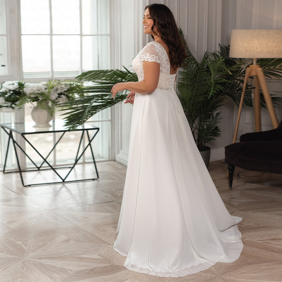 Vestidos Elegant Chiffon  Pleat V-Neck Short Sleeve Lace Up Plus Size A-Line Bridal Gown