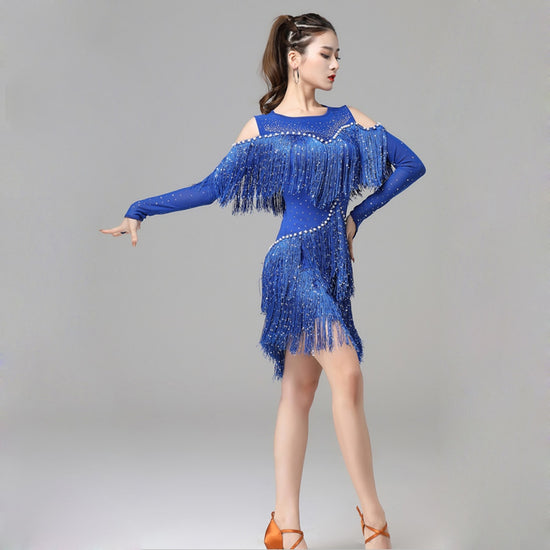 Load image into Gallery viewer, One-Piece Latin Dance Dress Salsa Sling Stretchy Dress Fringe Competition Costume
