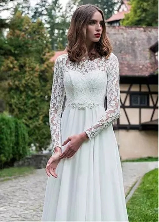 Load image into Gallery viewer, Simple Long Sleeve Lace Chiffon A Line Bridal Wedding Dresses
