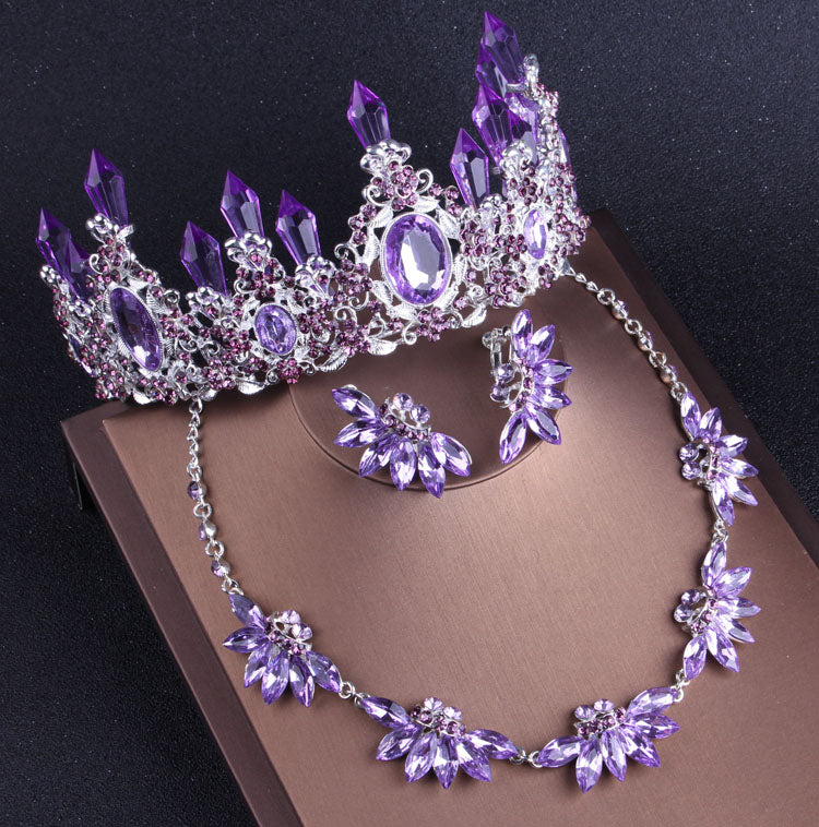 Noble Purple Crystal Necklace Earrings Crown Tiara Jewelry Set Party A – Bridal Crowns & Accessories
