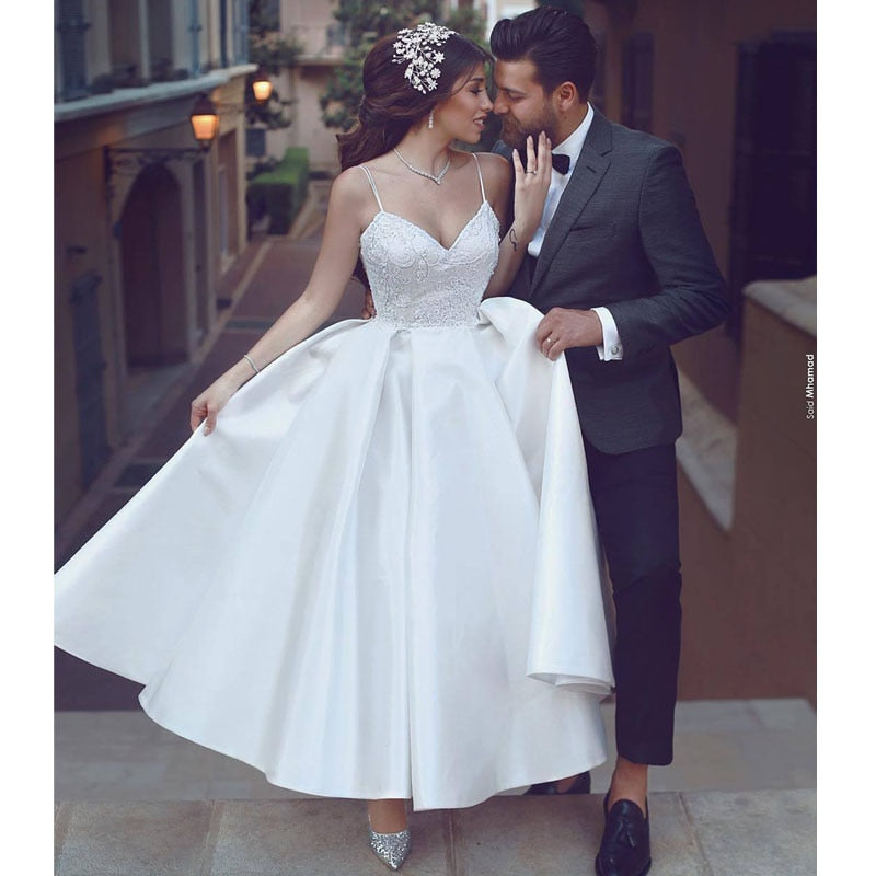 A Line Tea Length Bridal Spaghetti Strap Short Wedding Dress