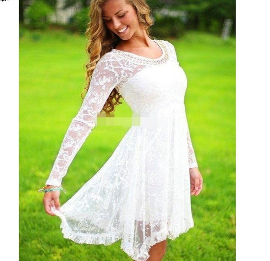 Short Casual Country Wedding Dress With Long Sleeves Crystal Neckline Knee Length Full Lace Wedding Gown