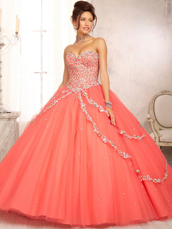 Sweetheart Sleeveless Beaded Tulle Formal Gown Quinceañera Dresses