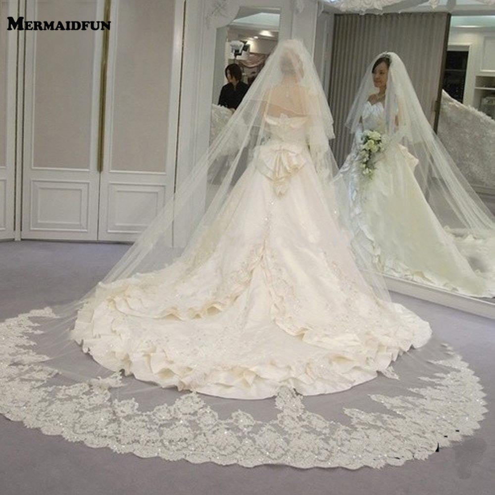 Janes Dress Studio 2 Tiers Face Blusher Cathedral Shining Sequined Lace Wedding Bridal Veil White / 300cm/ 118 inch/ 3 Meters