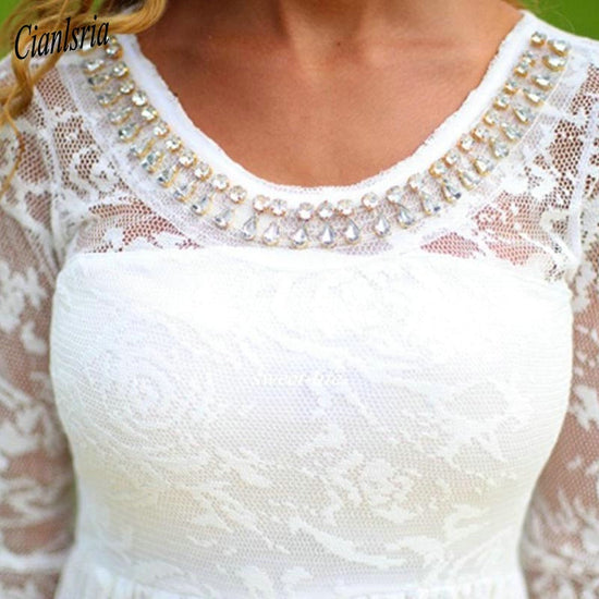 Short Casual Country Wedding Dress With Long Sleeves Crystal Neckline Knee Length Full Lace Wedding Gown