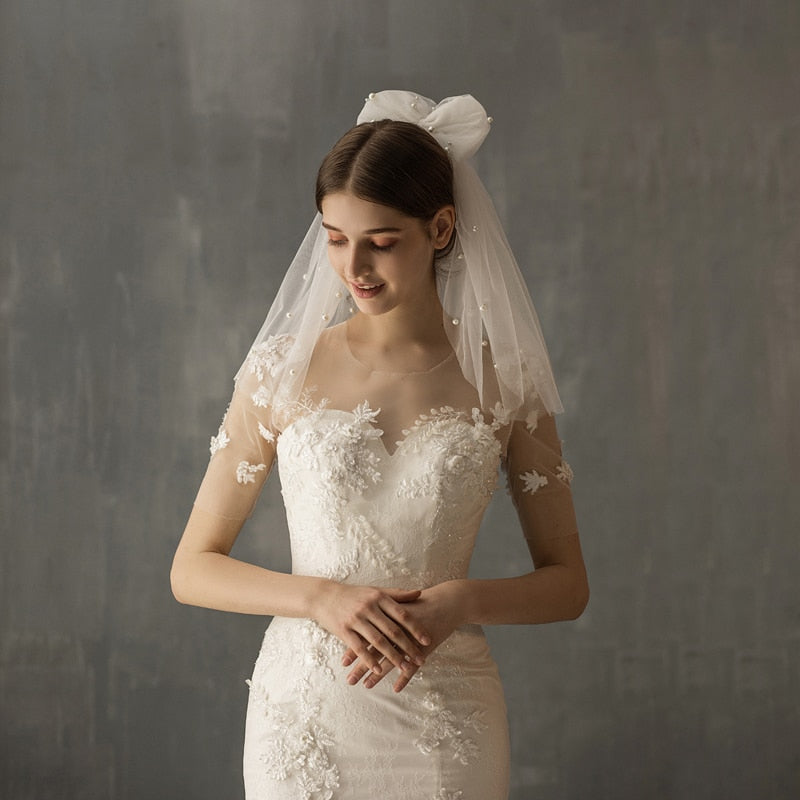 Double Layer Wedding Veil With Faux Pearl Bridal Veil - Temu