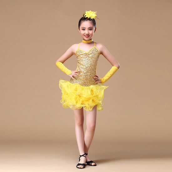 6-15 Years Children Dance Outfit (Dress, sleeves, headpiece) Sequins Girls Latin Dance Costume