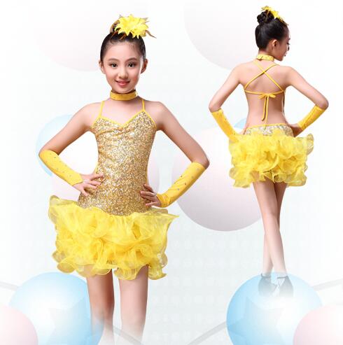 6-15 Years Children Dance Outfit (Dress, sleeves, headpiece) Sequins Girls Latin Dance Costume