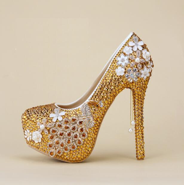 Golden Crystal Ladies Wedding Bridal High Heel Party Pump Shoes