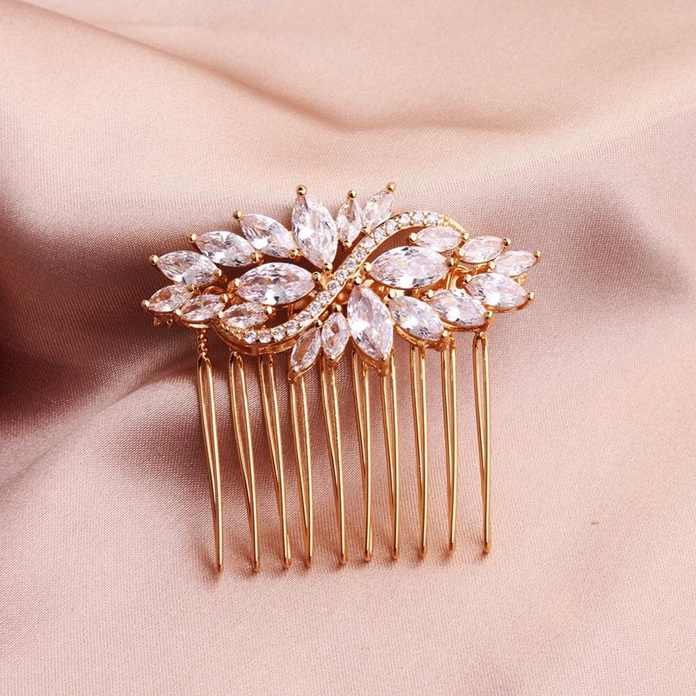 Load image into Gallery viewer, Sparkling European Cubic Zirconia Brides Hair Comb Gold Leave Hair Wedding  Accessory
