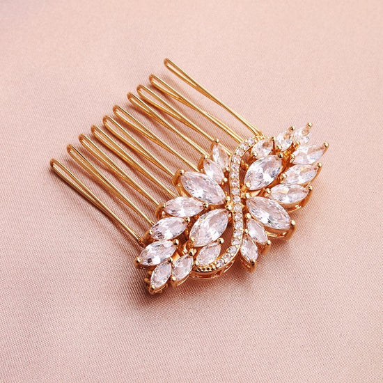 Load image into Gallery viewer, Sparkling European Cubic Zirconia Brides Hair Comb Gold Leave Hair Wedding  Accessory
