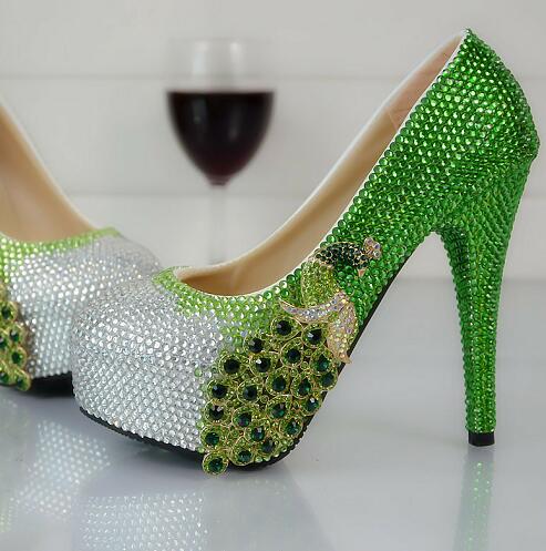 Green Water Peacock Round Toe  High Heeled Crystal Bridesmaid Wedding Shoes