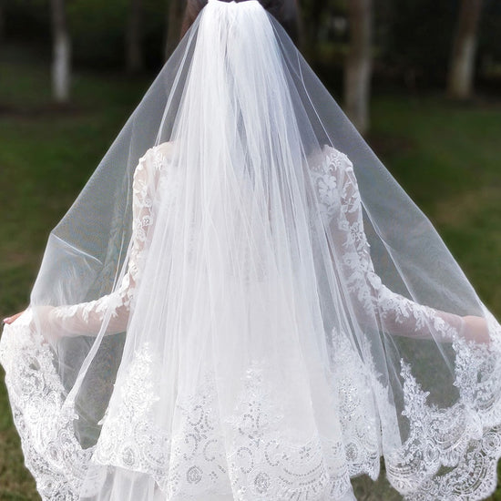 Janes Dress Studio 2 Layers Sequins Lace 3 Meters Cathedral Wedding Veils with Comb White Ivory Bridal Veil