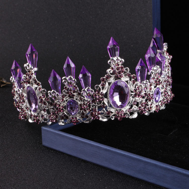 Cenmon Luxury Purple Crystal Bridal Jewelry Sets for Women Crown Earring Necklace - Silver Purple Sets