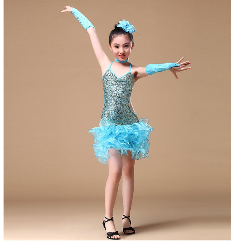 6-15 Years Children Dance Outfit (Dress, sleeves, headpiece) Sequins Girls Latin Dance Costume