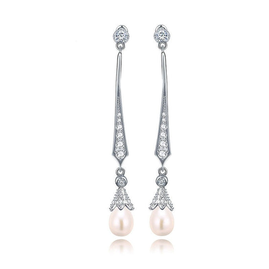 Shining CZ Earrings With Simulated Pearl Long Pendant Drop Earrings