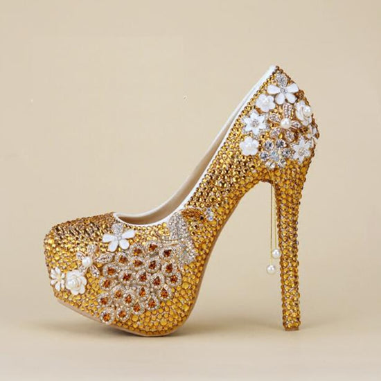 Golden Crystal Ladies Wedding Bridal High Heel Party Pump Shoes