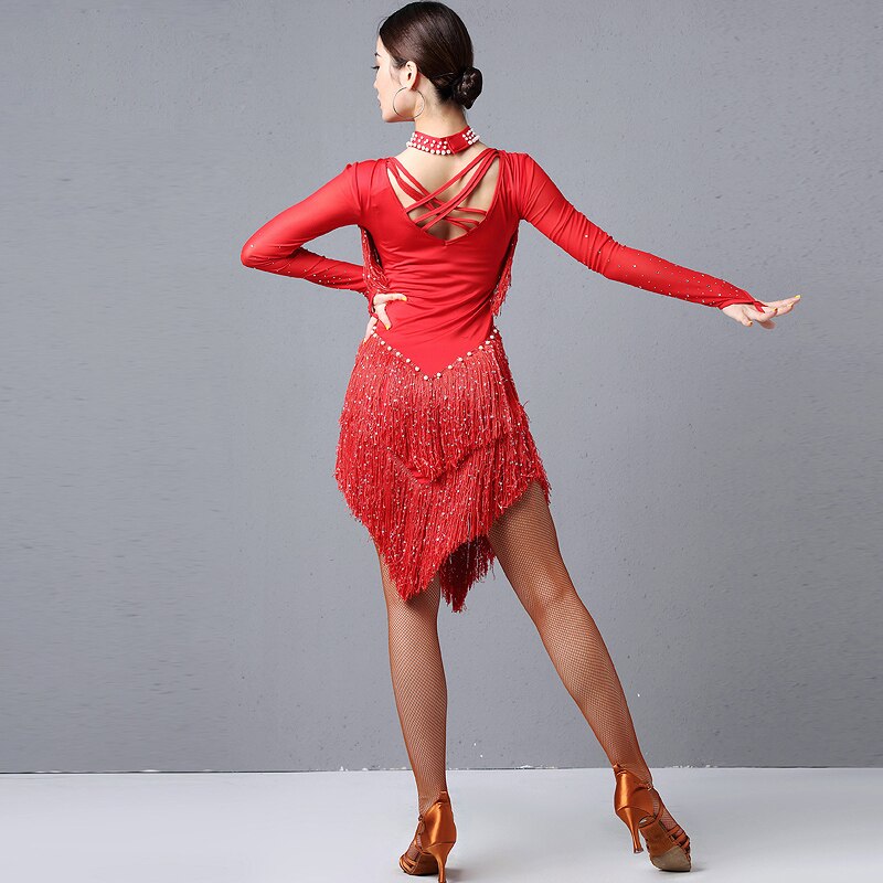 Load image into Gallery viewer, Latin Samba Costume Stretchy Fringe Dress Performance Wear
