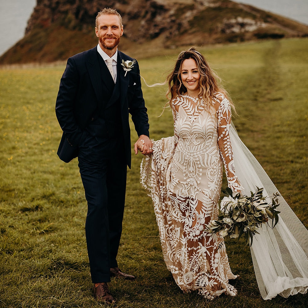 
                      
                        Country Boho Beach Destination Wedding Dress Two Pieces Lace Illusion Mermaid Bridal Gown
                      
                    