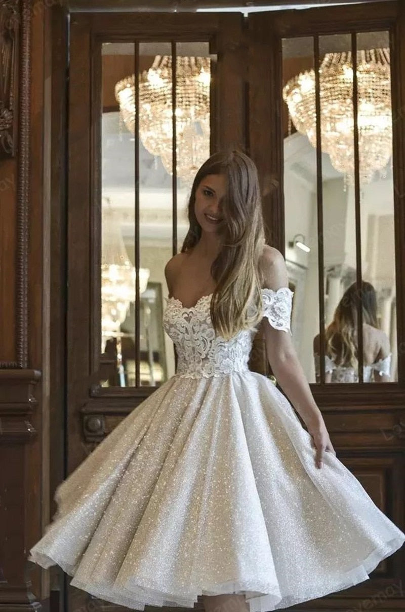 indlysende storhedsvanvid Flere Short Glitter Wedding Dress Elegant Lace Shiny Bridal Off the Shoulder –  TulleLux Bridal Crowns & Accessories