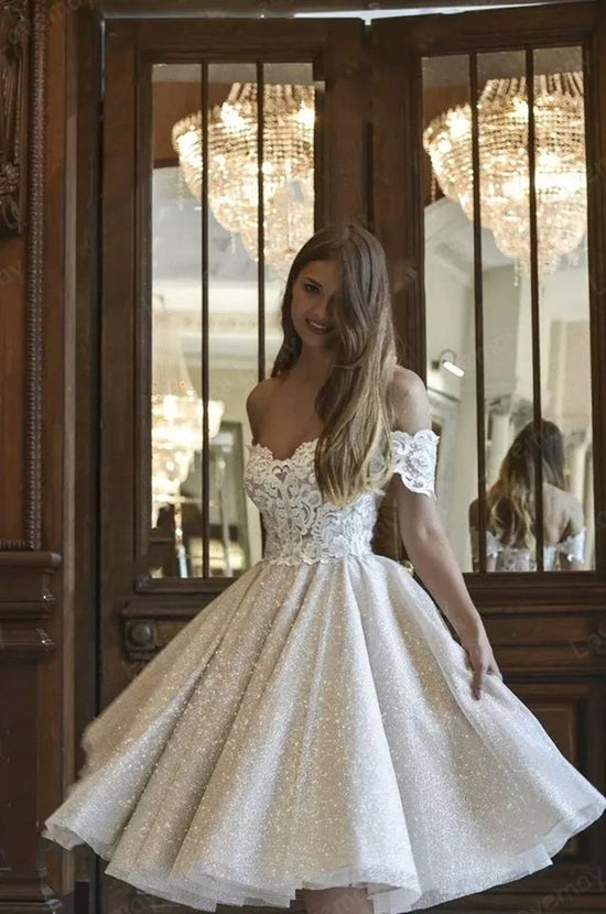 Load image into Gallery viewer, Short Glitter Wedding Dress Elegant Lace  Shiny Bridal Off the Shoulder Knee-Length Princess Party Dress

