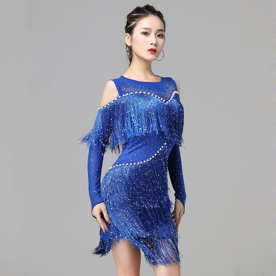 Load image into Gallery viewer, One-Piece Latin Dance Dress Salsa Sling Stretchy Dress Fringe Competition Costume

