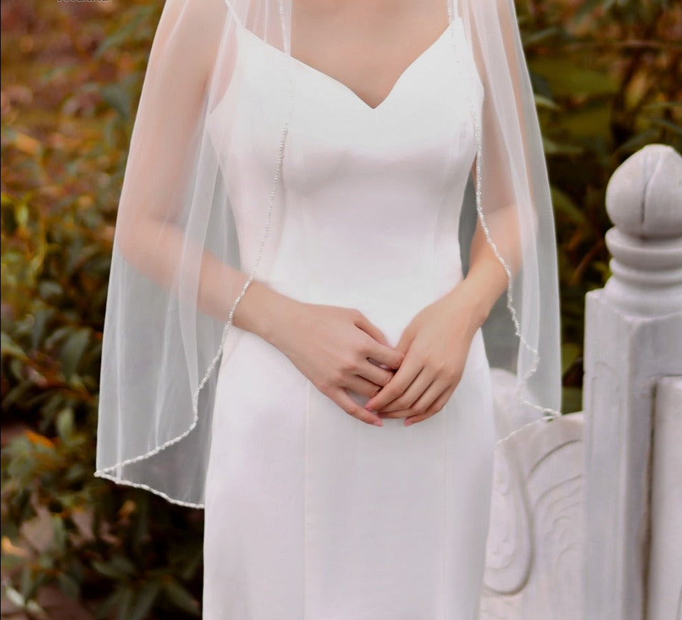 Crystal Beaded Edge Elbow Length Wedding Veil