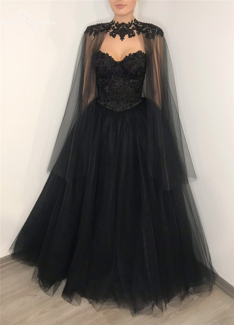 Black Wedding Dress with Beaded CapeSweetheart Princess Bridal Ball Gown