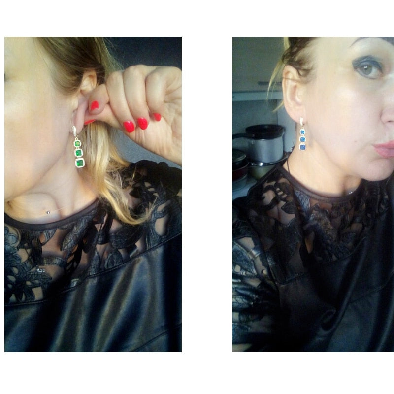 
                      
                        Square Cut Cubic Zircon Blue Green Red Long Dangle Huggie Hoop Earrings
                      
                    
