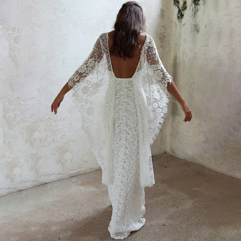 Boho Batwing Sleeve Wedding Dress Backless Lace Destination Sheath