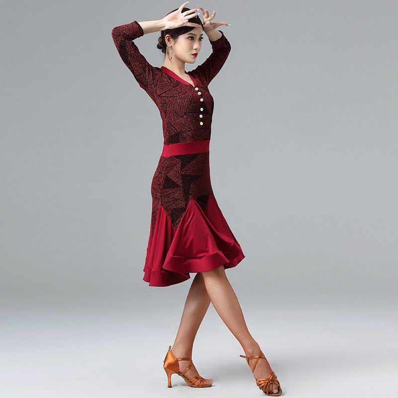 Load image into Gallery viewer, Latin Dance Dress Patchwork Shinny Cloth Long Sleeves V-neck Salsa Flare Skirt
