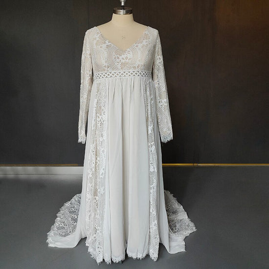 Boho Beach Long Sleeve Chiffon Lace Wedding Bridal Gown