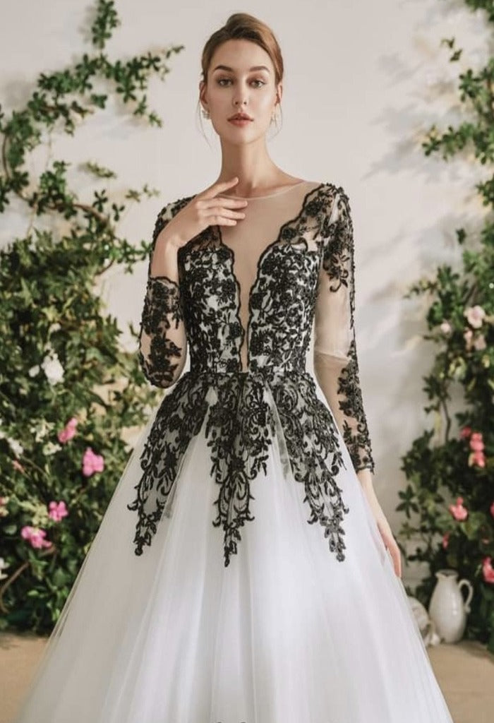 Long Sleeve Wedding Dress Black Lace Button Back Princess Bridal Ball –  TulleLux Bridal Crowns & Accessories