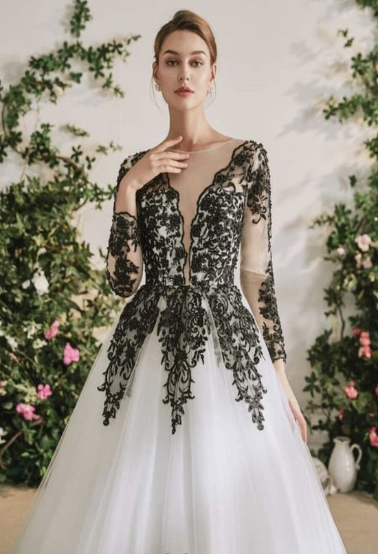 Long Sleeve Wedding Dress Black Lace Button Back Princess Bridal